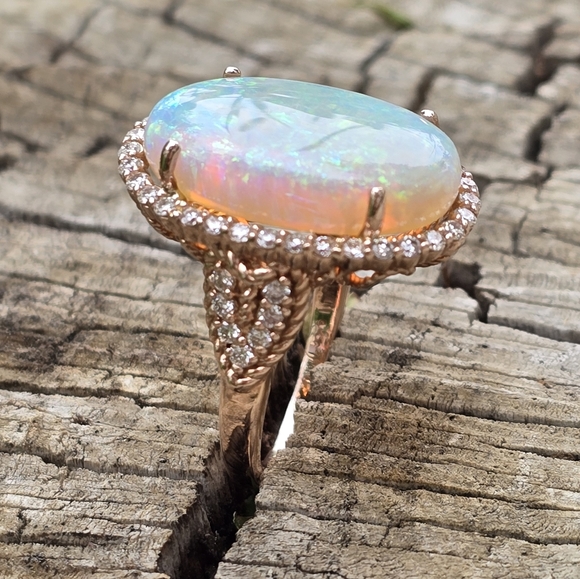OPAL DIAMOND RING SOLID 14K ROSE GOLD - Picture 5 of 16